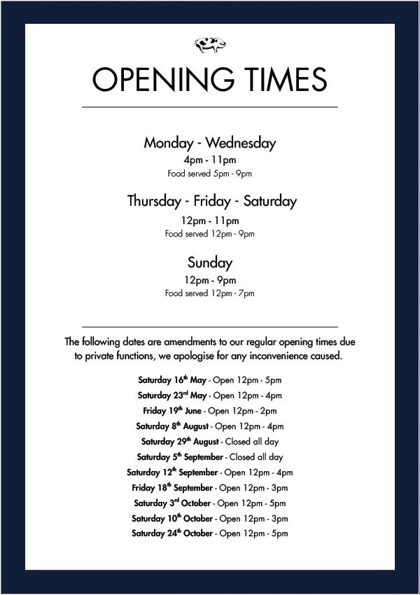OPENING TIMES SUMMER 2026 - Amazing events and deals at The Old Spot